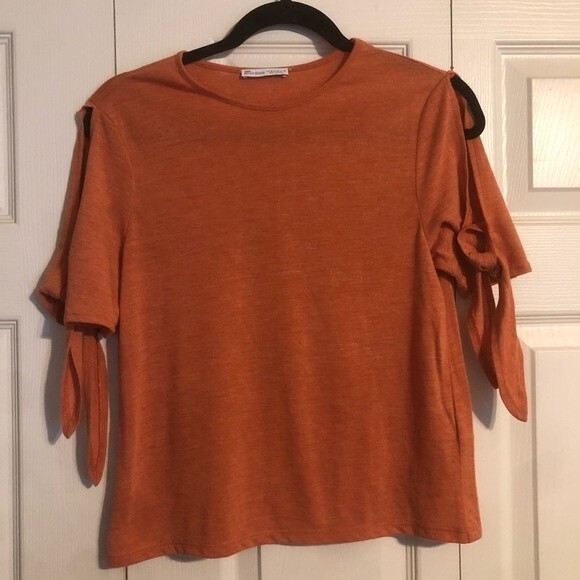 ZARA Medium Orange Rust Open Arms Tie Blouse Shirt Cold Shoulder Lightweight - Picture 1 of 6